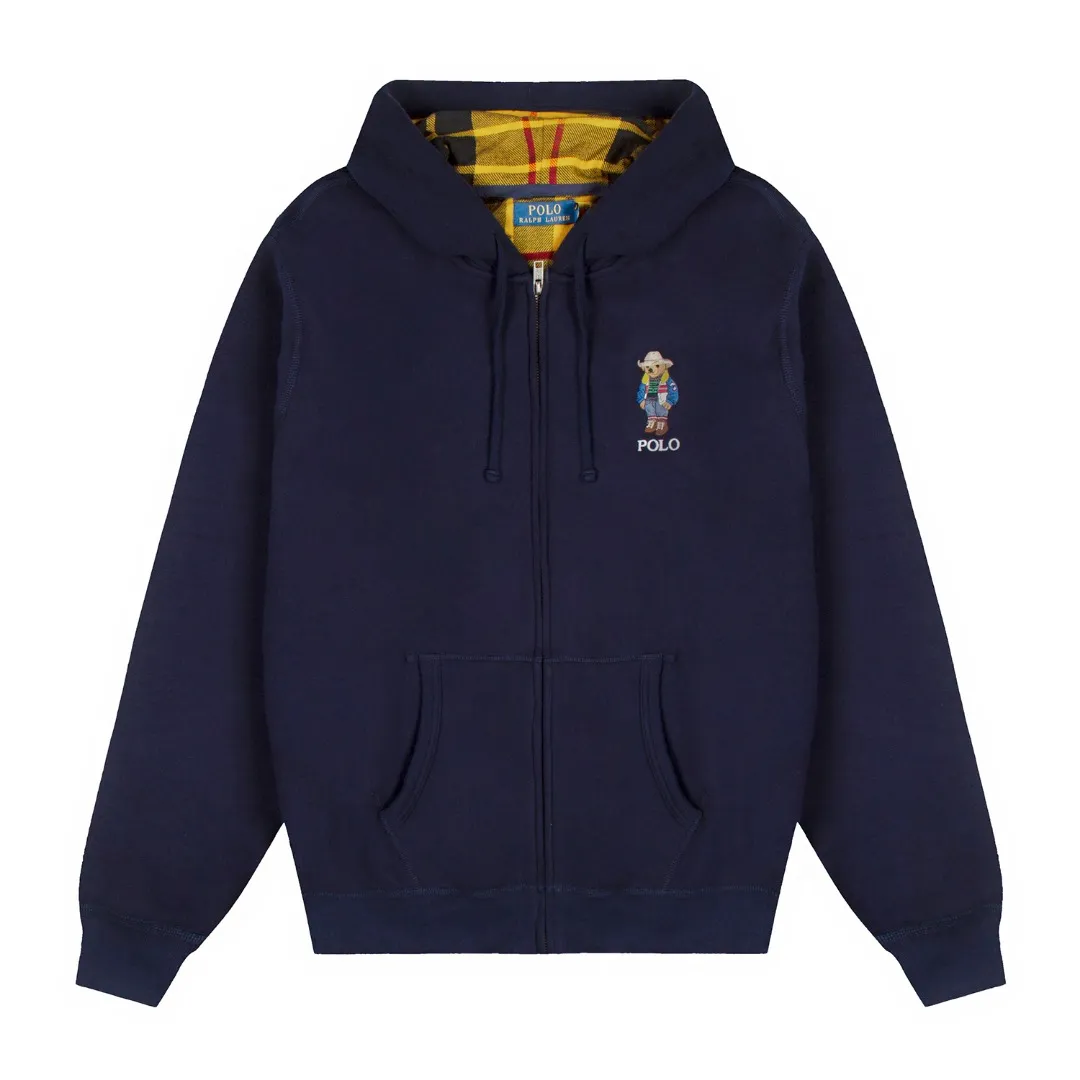 P270 White background picture [Popular item] Style number: 25104# Color: Navy blue/hemp gray/white Size: S to XL - Ralph Lauren/Ralph Lauren 2025AW Autumn and Winter bear series stacked topstitch design plaid lining hooded cardigan zipper sweatshirt - original workmanship consistent professional four-needle six-thread topstitch design✅ - face 370g double-sided cotton heavyweight fabric Contrast color yarn-dyed plaid inside ✅| - Highly restored customized brand zipper 0.8 pure cotton high-density hook and loop bonnet ✅ - RL limited design style Colorful bear logo precision embroidery Bright color contrasting plaid hood inside The upper body is colorful and distinguishes the classic style. Both men and women can easily control it. Simple and clean, versatile and can go wrong. Exposed topstitch 0.8 cm retro primary color hook and loop drawstring. Every detail is perfect.